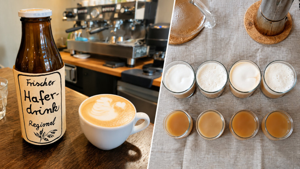 Selbstgemachter Barista-Haferdrink mit Latte Art und Schaumproben