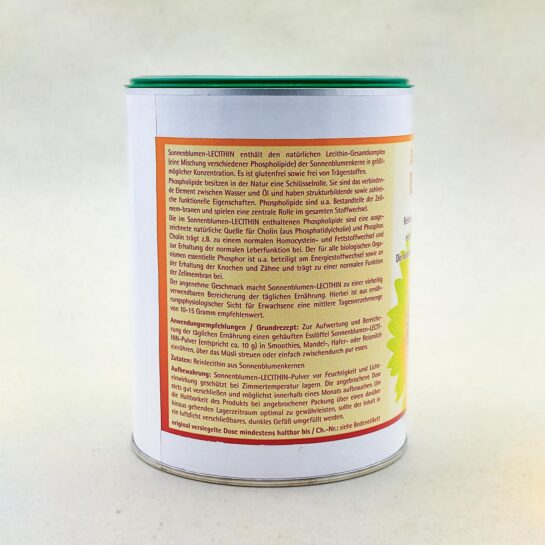 Sonnenblumen-Lecithin Pulver in der 300 Gramm Box mit der Produktbeschreibung und den Inhaltsstoffen.