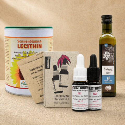 Haferdrink Barista-Paket von NECTARBAR mit Enzym-Set, Lecithin, MCT-Öl, Anleitung und Zubehör für cremigen Haferdrink im Kaffee