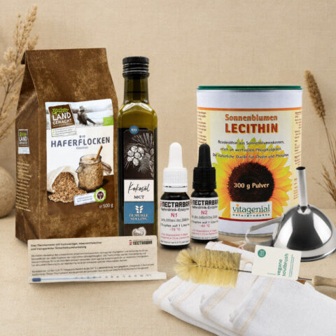Haferdrink Starter-Paket von NECTARBAR mit Haferflocken, Enzymen, Filterbeutel, Lecithin, MCT-Öl, Trichter, Bürste und Thermometer